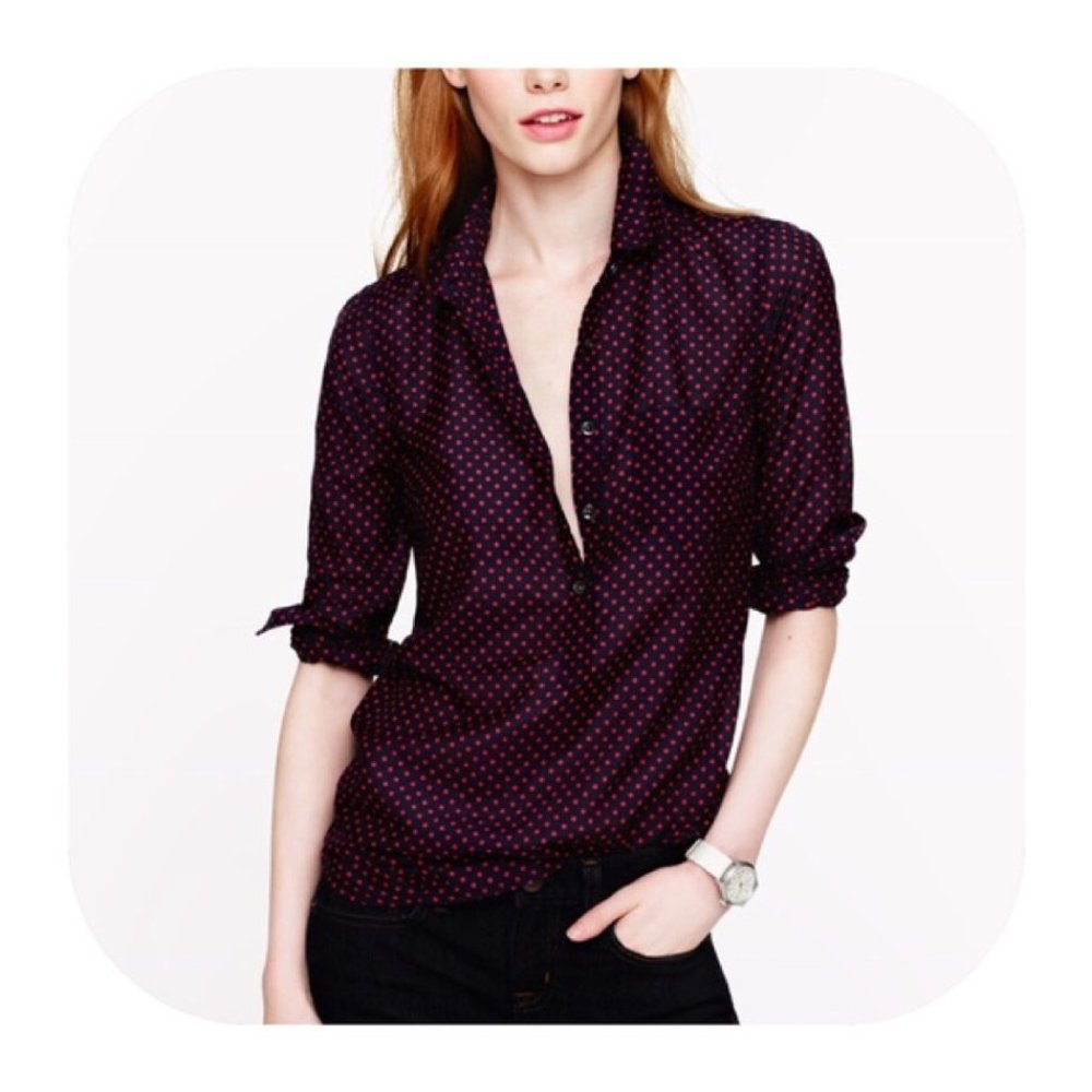 J. Crew Navy and Red Polka Dot Long Sleeve Blouse